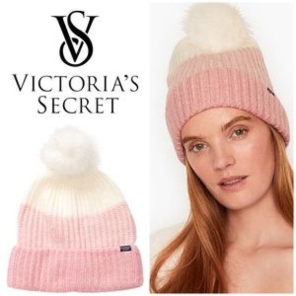 VICTORIA'S SECRET Pink White Beanie Pom Pom Winter Hat - Picture 4 of 6